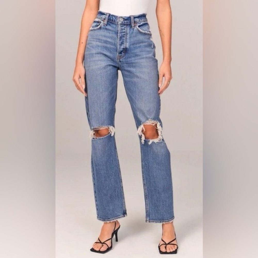 Abercrombie The Dad High Rise Jeans frayed distressed petite short medium wash